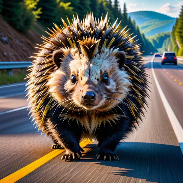 Foto de un puercoespín en un cinturón en la carretera