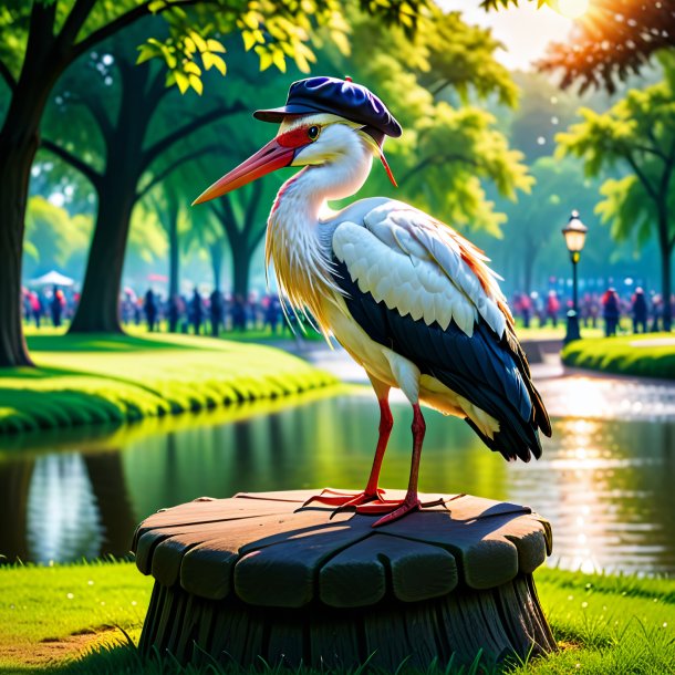 Photo of a stork in a cap in the park