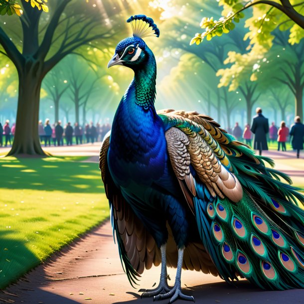 Illustration of a peacock in a coat in the park