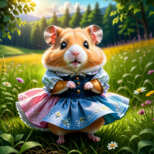 Dessin d'un hamster dans une jupe dans la prairie