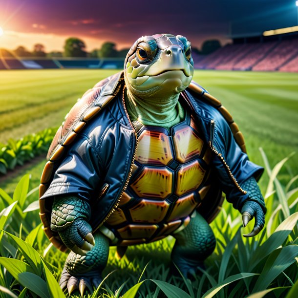 Photo of a turtle in a jacket on the field