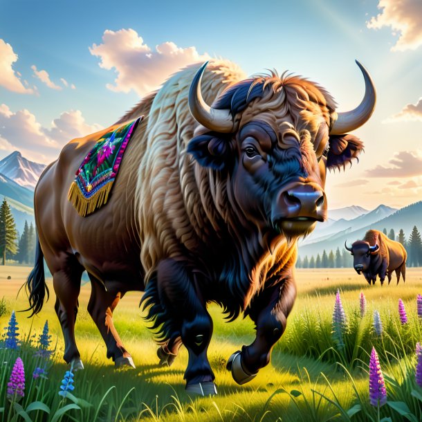 Photo of a buffalo in a skirt in the meadow