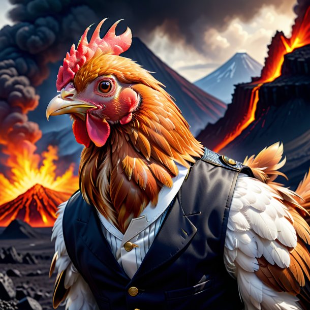 Drawing of a hen in a vest in the volcano