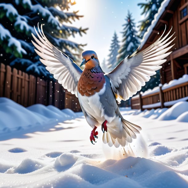 Picture of a jumping of a dove in the snow