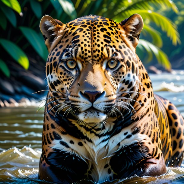 Foto de um jaguar em um cinto no rio