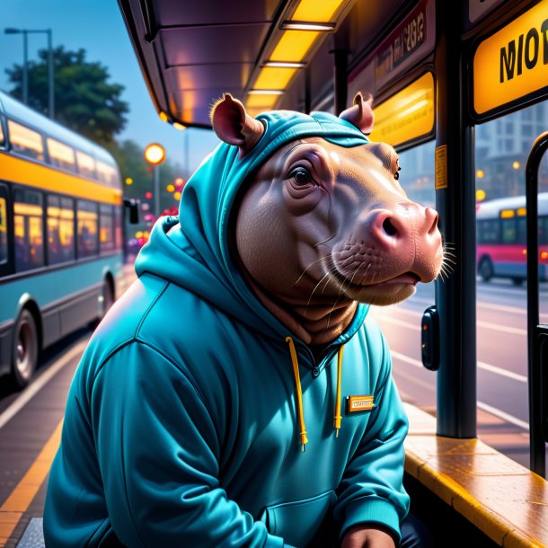 Photo of a hippopotamus in a hoodie on the bus stop