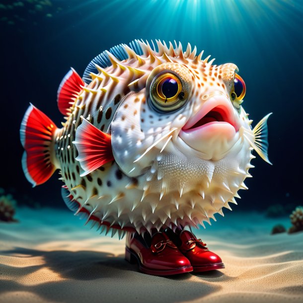 Picture of a pufferfish in a red shoes