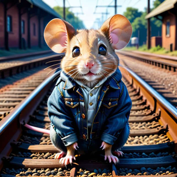 Image of a mouse in a jeans on the railway tracks