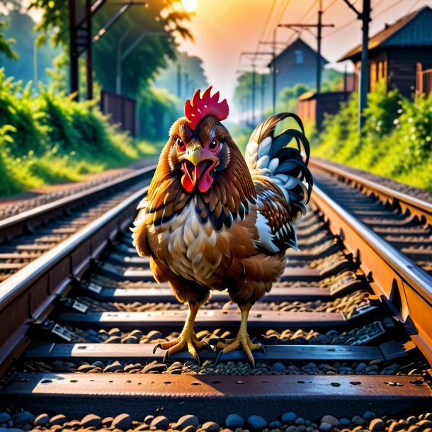 Foto de um choro de uma galinha nos trilhos ferroviários