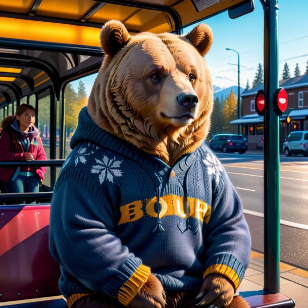 Imagen de un oso en un suéter en la parada de autobús