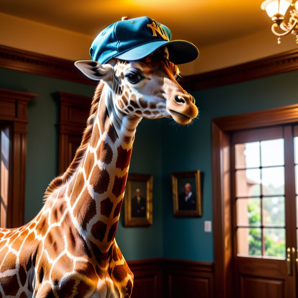 Picture of a giraffe in a cap in the house