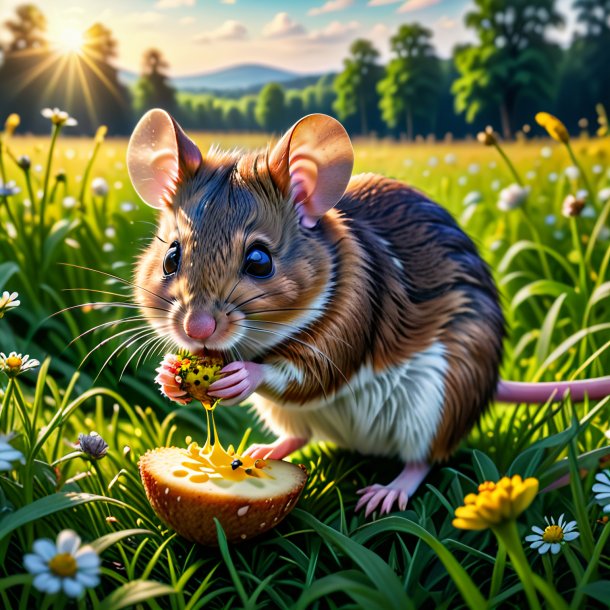 Pic d'un repas d'une souris dans la prairie