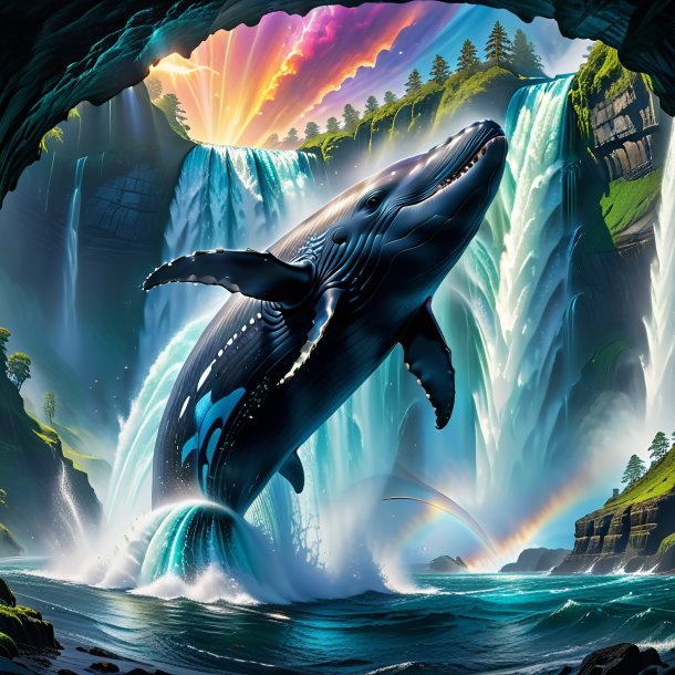 Image of a whale in a belt in the waterfall