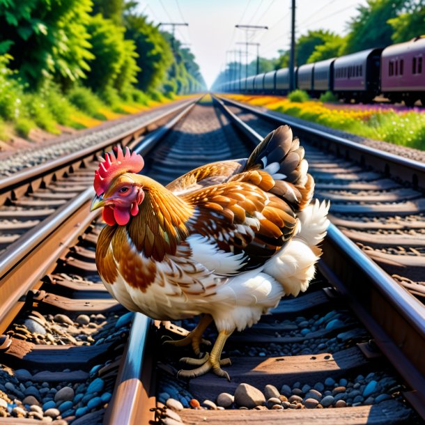 Foto de um sono de uma galinha nos trilhos ferroviários