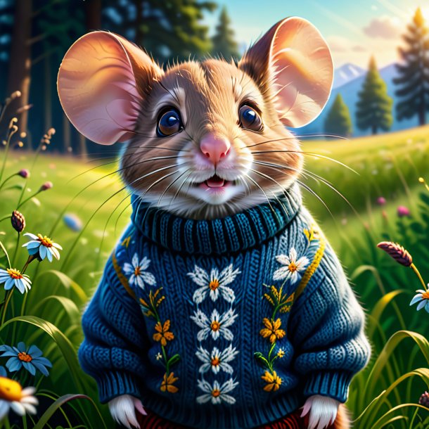 Illustration d'une souris dans un pull dans la prairie