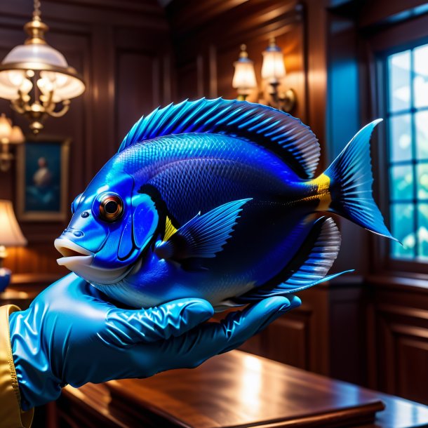 Image of a blue tang in a gloves in the house