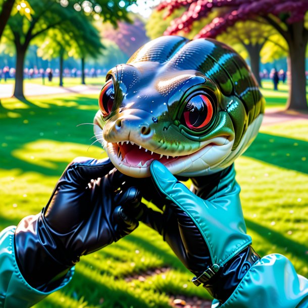 Photo of a eel in a gloves in the park