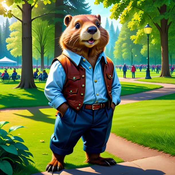 Illustration of a beaver in a trousers in the park