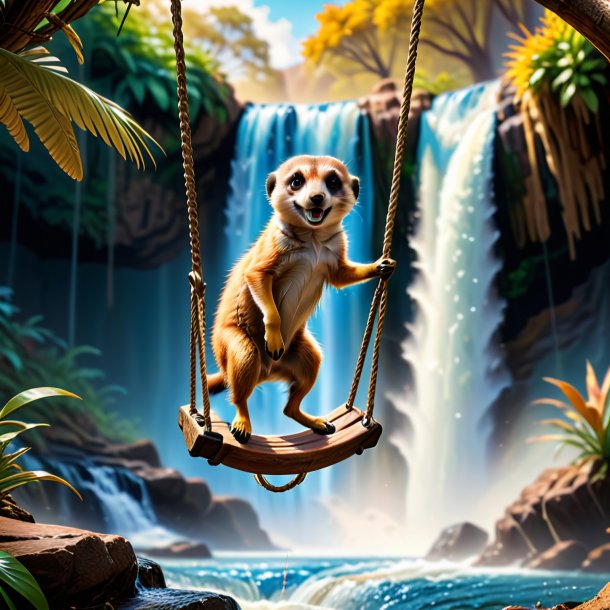 Image of a swinging on a swing of a meerkat in the waterfall