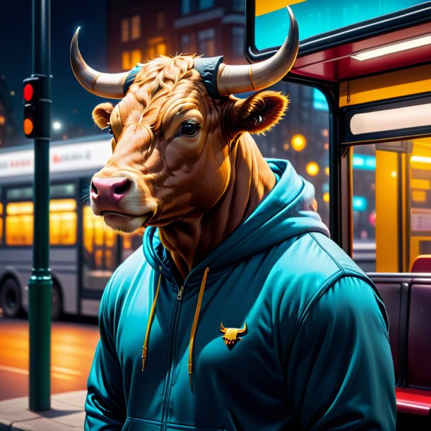 Photo of a bull in a hoodie on the bus stop