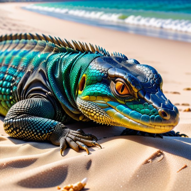 Imagem de um sono de um lagarto monitor na praia