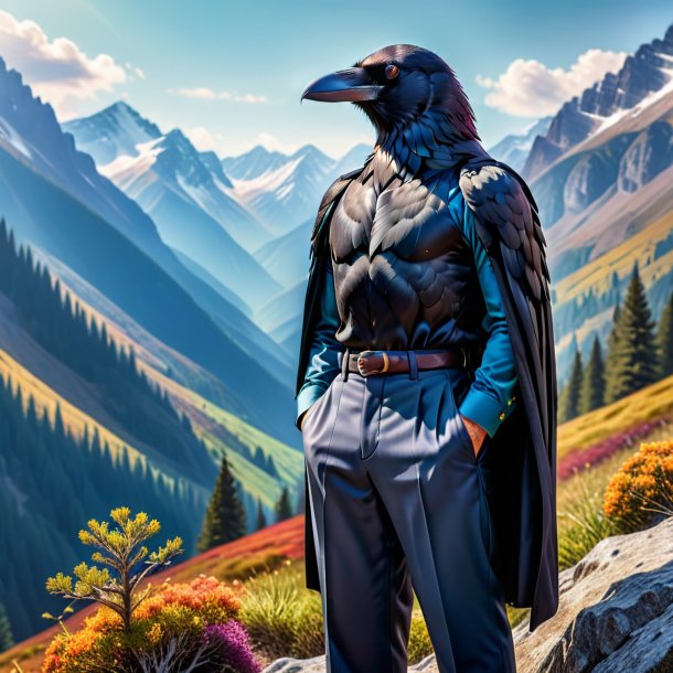 Photo of a crow in a trousers in the mountains