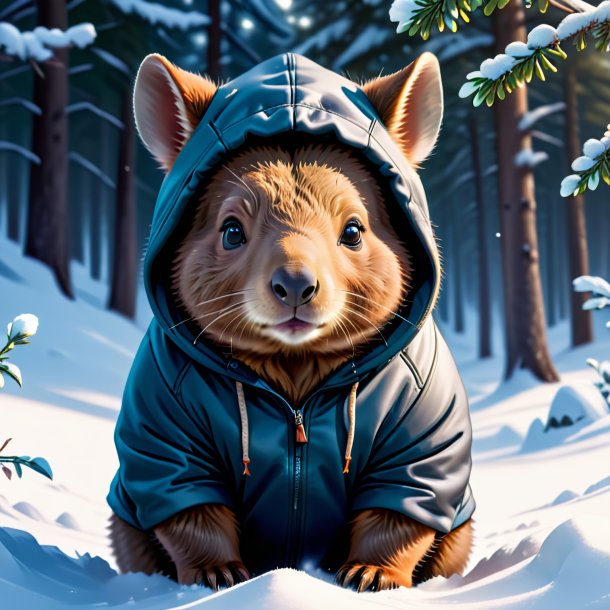 Ilustración de un wombat en una sudadera con capucha en la nieve