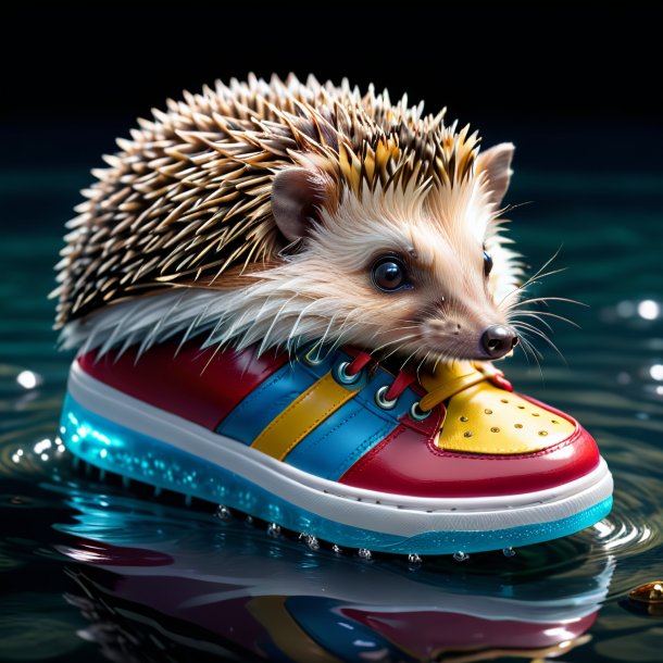 Image of a hedgehog in a shoes in the water