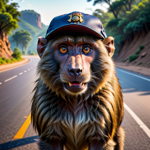 Foto de um babuíno em um boné na estrada