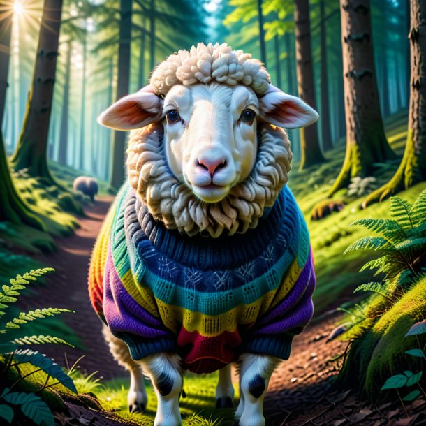 Photo of a sheep in a sweater in the forest