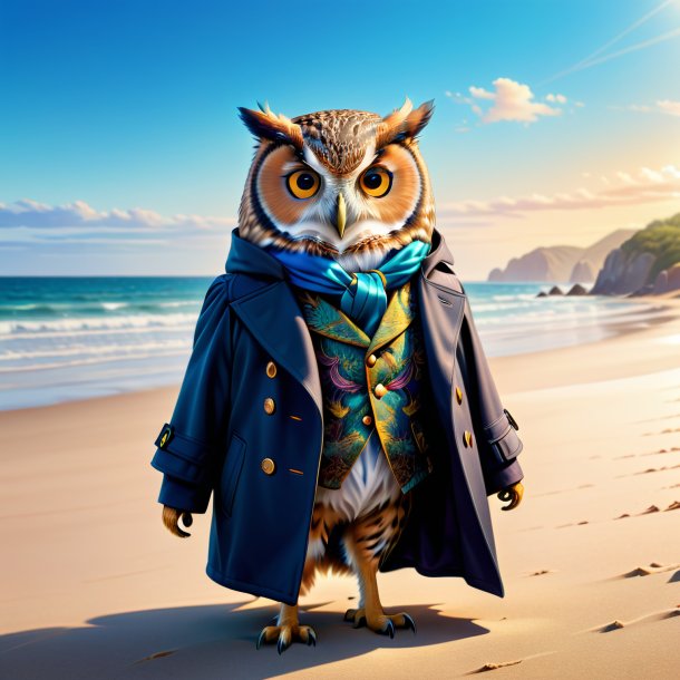 Drawing of a owl in a coat on the beach