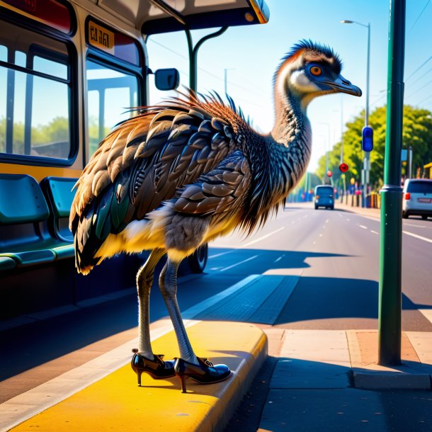 Photo of a emu in a shoes on the bus stop