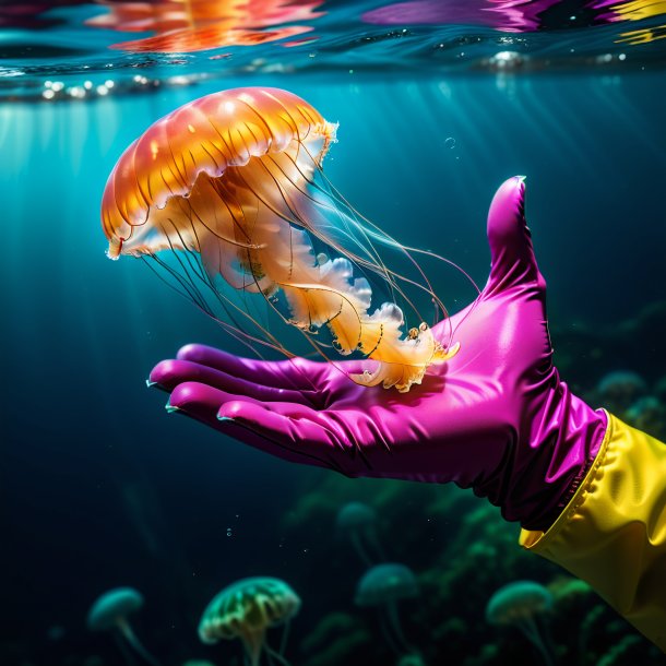 Photo of a jellyfish in a gloves in the water