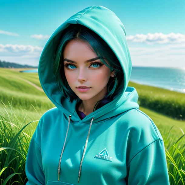 Portrait of a aquamarine hoodie from grass