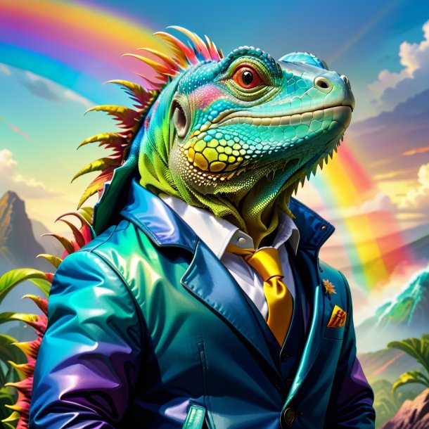 Illustration of a iguana in a jacket on the rainbow