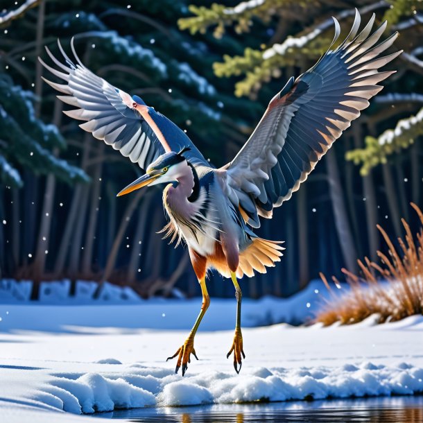 Image of a jumping of a heron in the snow