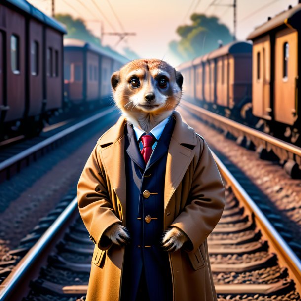 Picture of a meerkat in a coat on the railway tracks