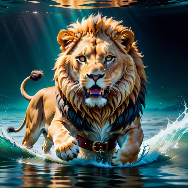 Picture of a lion in a belt in the water