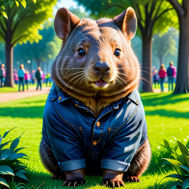 Image of a wombat in a jeans in the park