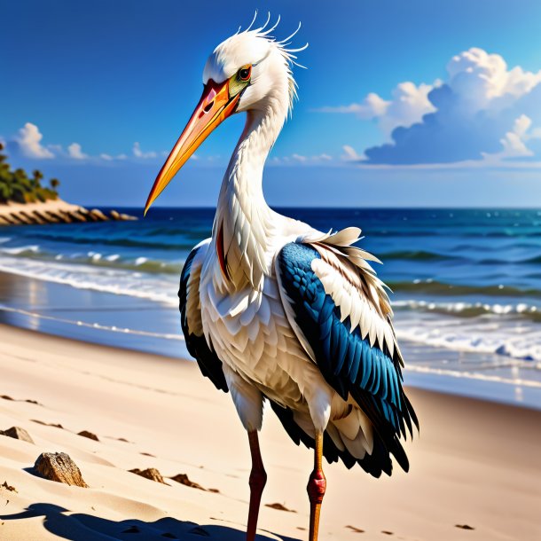 Drawing of a stork in a vest on the beach