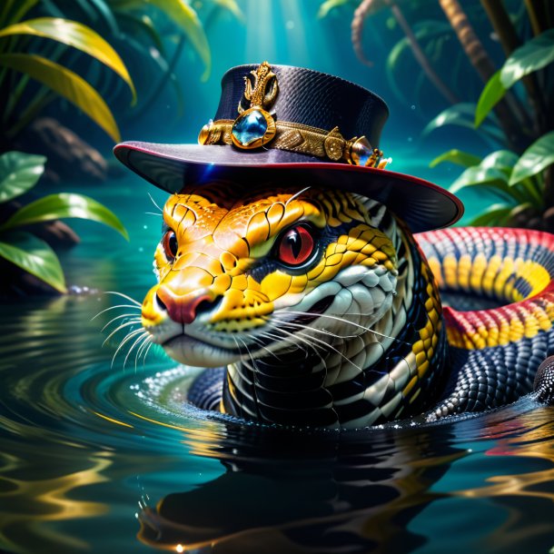 Foto de una cobra real en un sombrero en el agua