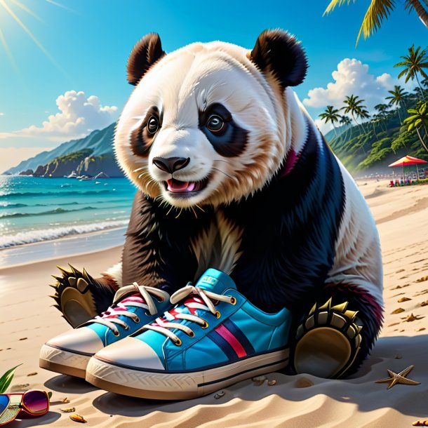 Drawing of a giant panda in a shoes on the beach