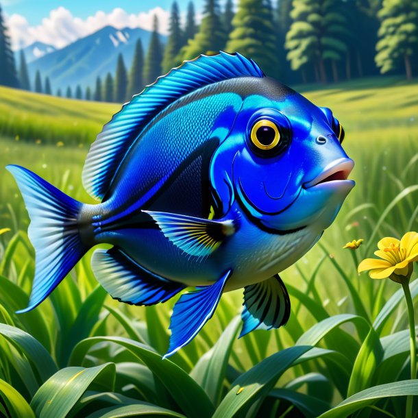 Picture of a blue tang in a jeans in the meadow