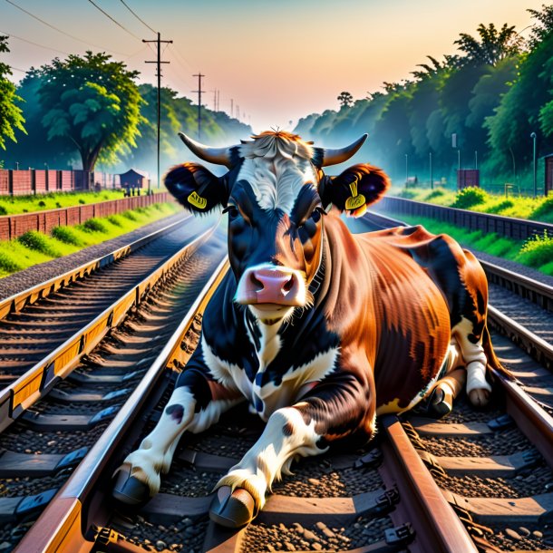 Pic of a resting of a cow on the railway tracks