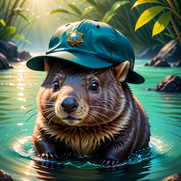 Illustration of a wombat in a cap in the water