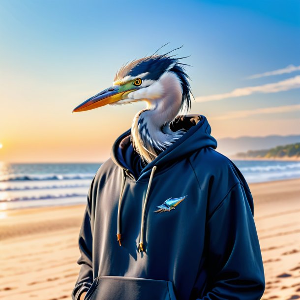 Picture of a heron in a hoodie on the beach