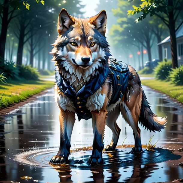 Illustration of a wolf in a vest in the puddle