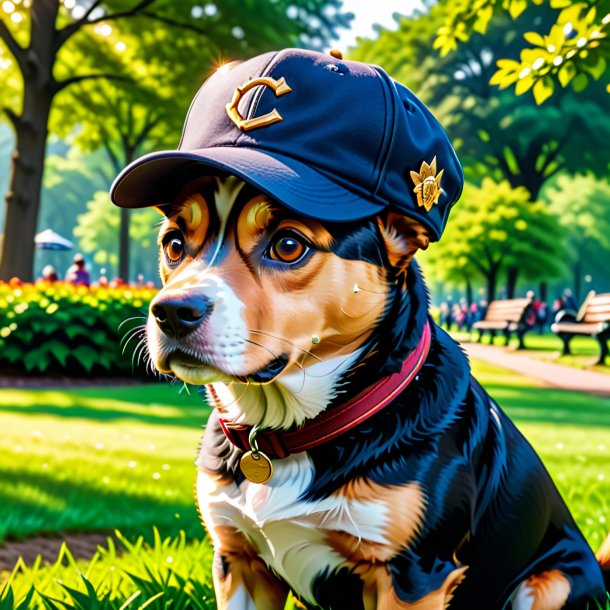 Foto de um cão em um boné no parque