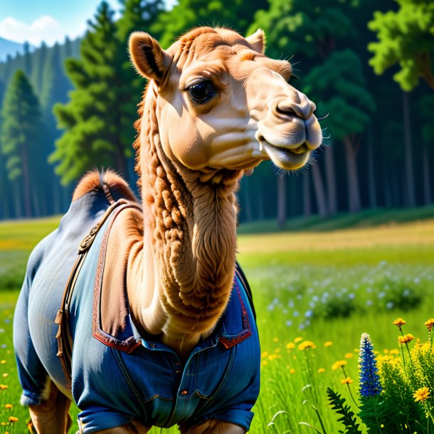 Picture of a camel in a jeans in the meadow