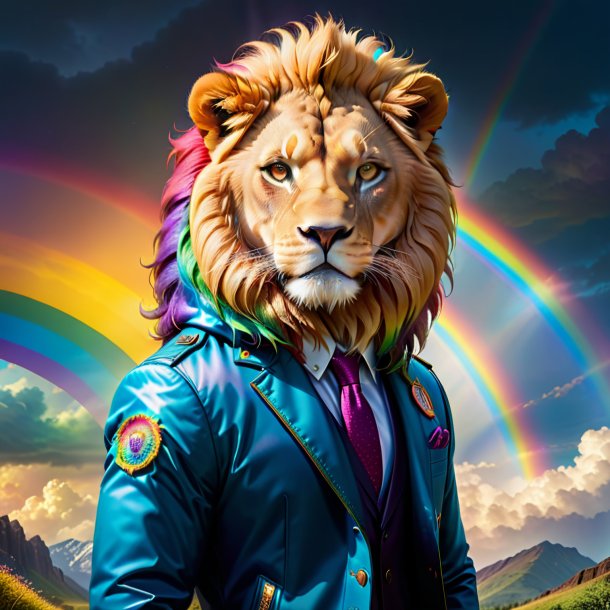 Foto de un león en una chaqueta en el arco iris